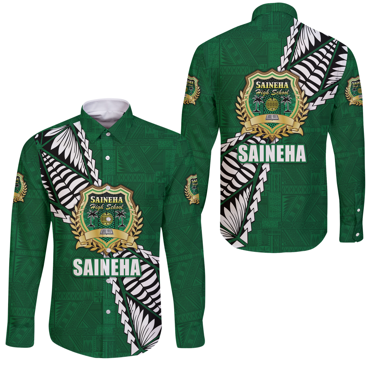 Tonga Saineha High School Tongan Patterns Long Sleeve Button Shirt - LT12 Unisex Green - Polynesian Pride