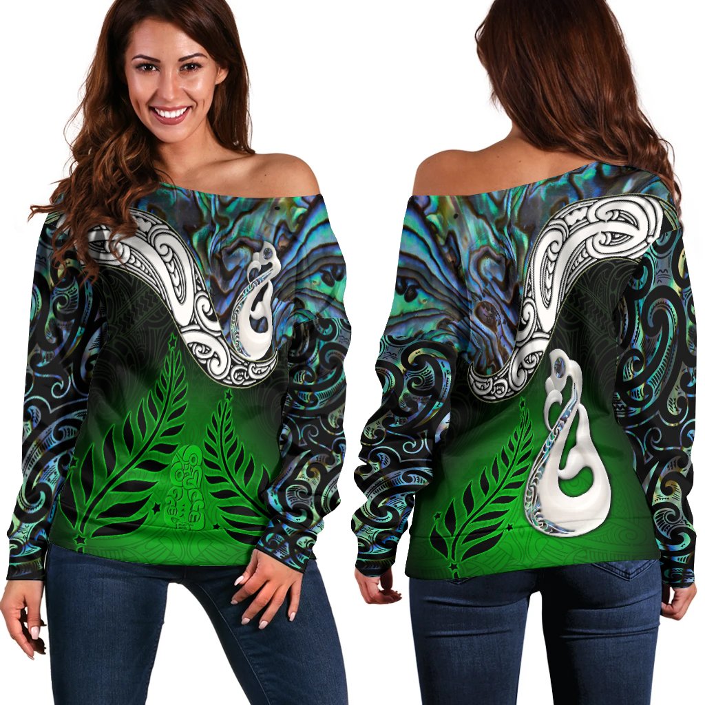 New Zealand Maori Off Shoulder Sweater - Manaia Paua Shell Glitter Green LT4 Green - Polynesian Pride