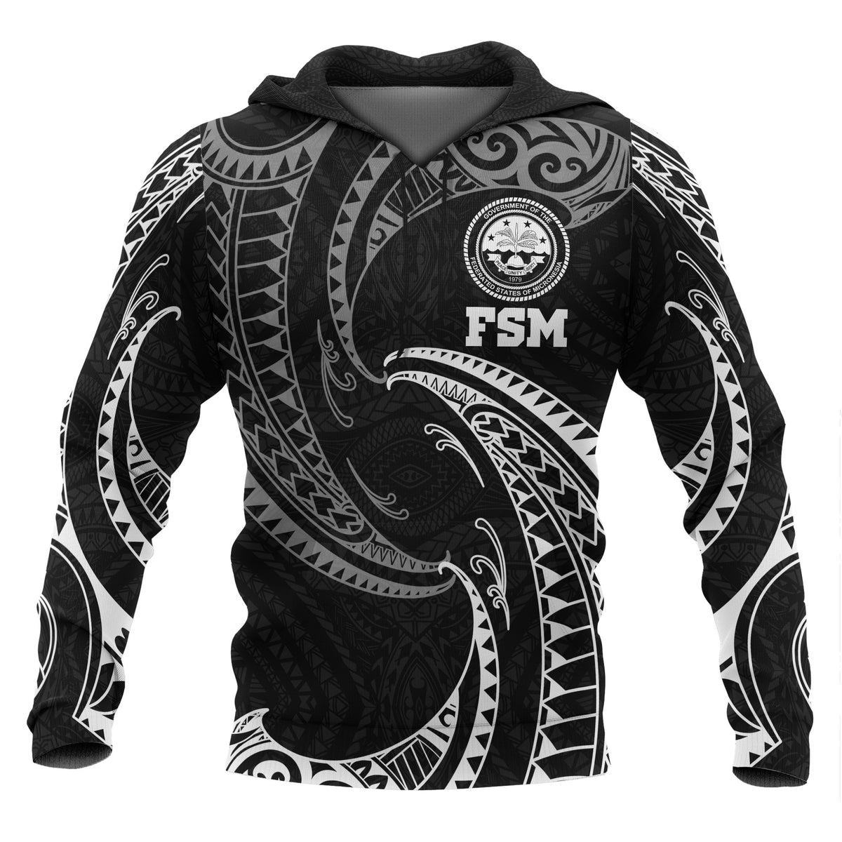 Federated States of Micronesia ll Over Hoodie White Tribal Wave Unisex Black - Polynesian Pride