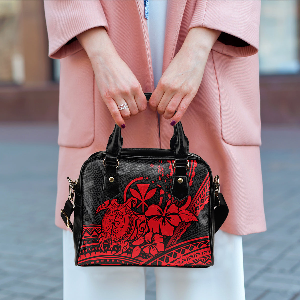 Hawaii Turtle With Hibiscus Tribal Red Shoulder Handbag - LT12 - Polynesian Pride