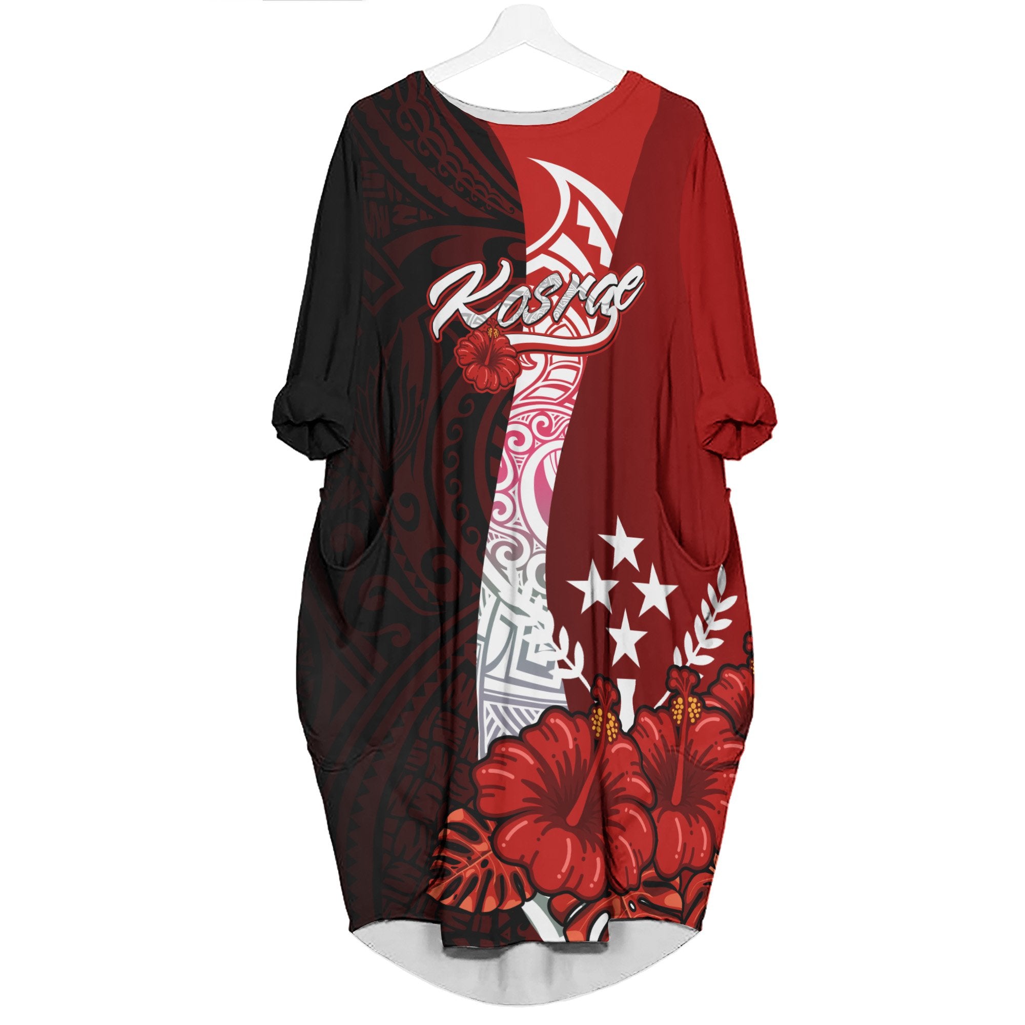 Kosrae Micronesia Batwing Pocket Dress - Hibiscus With Coat Of Arm Women Black - Polynesian Pride