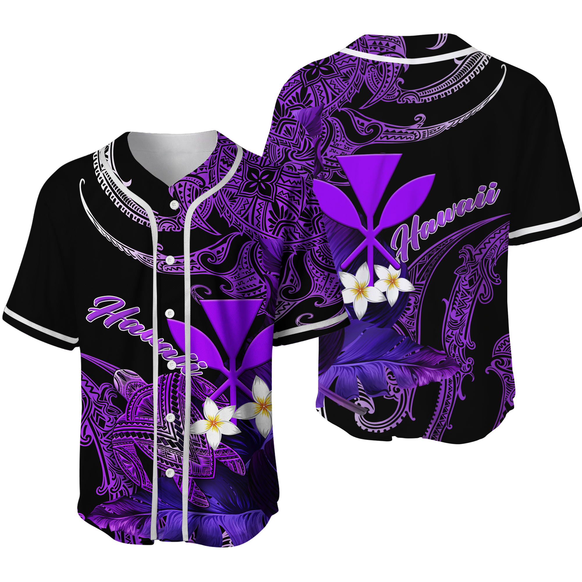 Hawaii Turtle With Plumeria Leaf Purple Baseball Jersey - LT12 Unisex Black - Polynesian Pride