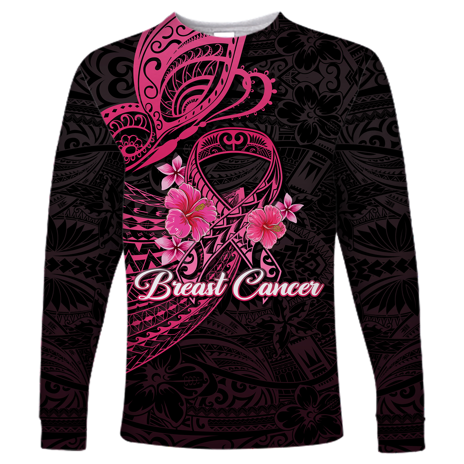 Breast Cancer Pink Ribbon Butterfly Polynesian Black Version Long Sleeve Shirt - LT12 Unisex Black - Polynesian Pride