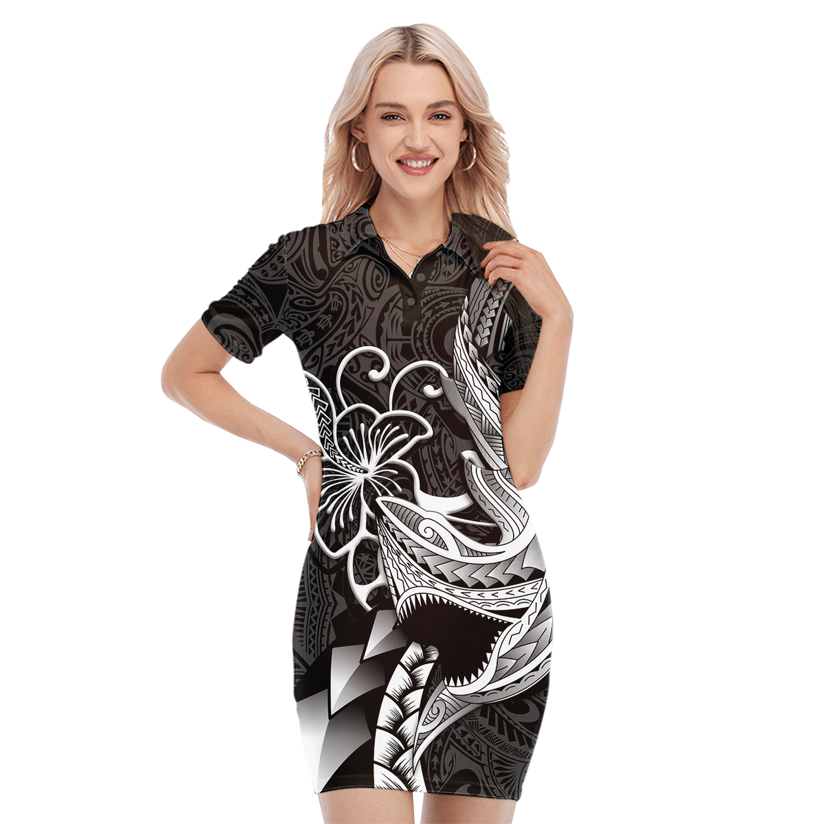 Polynesian Shark Tattoo Hawaii Tribal Polo Dress - LT12 Women Black - Polynesian Pride