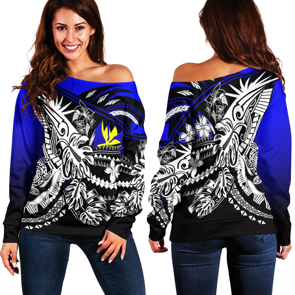 Hawaii Women's Off Shoulder Sweaters - Tribal Jungle Pattern Blue Color Blue - Polynesian Pride