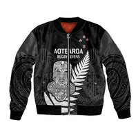 (Custom Text And Number) Aotearoa Rugby Sevens All Black Tiki Fern Bomber Jacket LT14 Unisex Black - Polynesian Pride