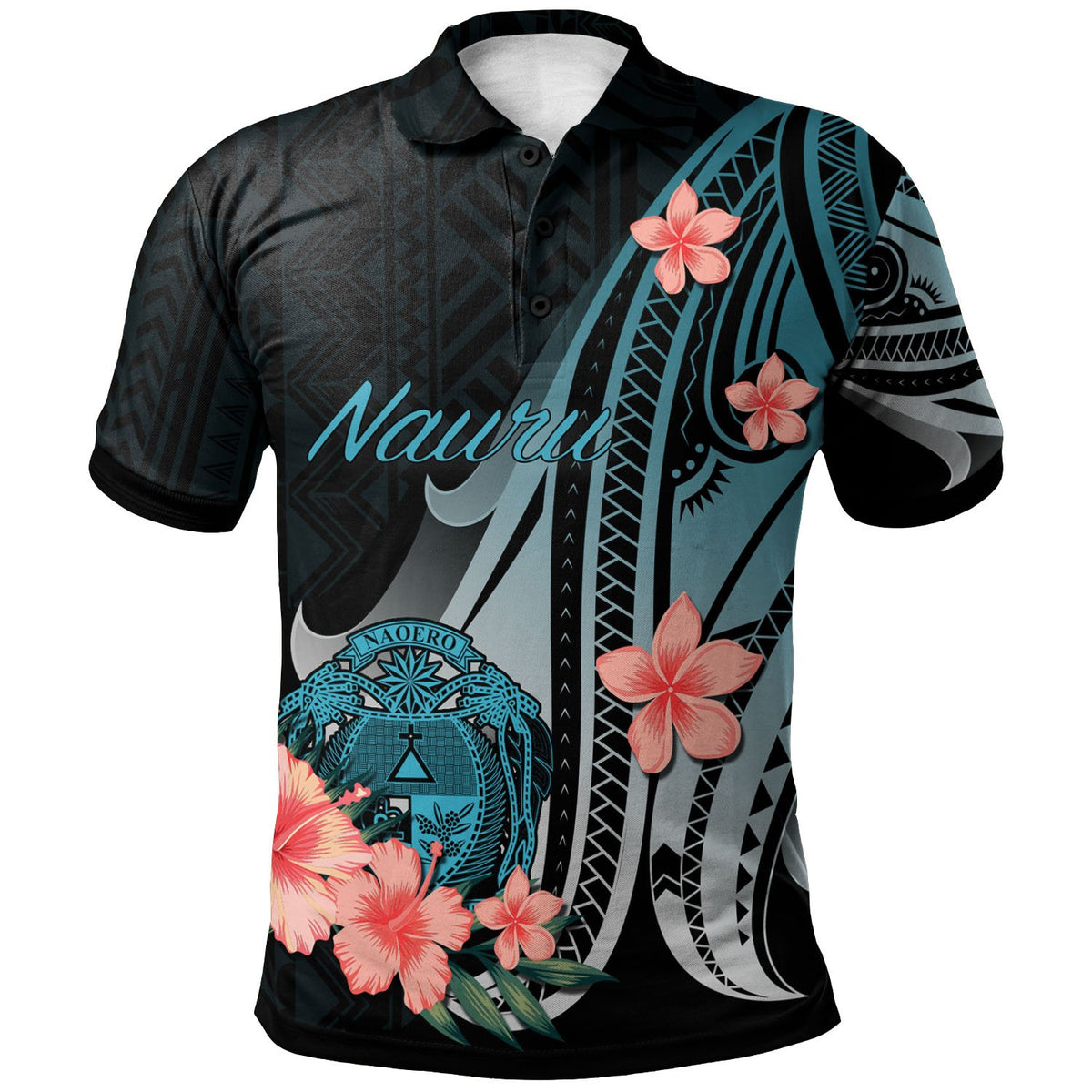 Nauru Polo Shirt Turquoise Polynesian Hibiscus Pattern Style Unisex Turquoise - Polynesian Pride