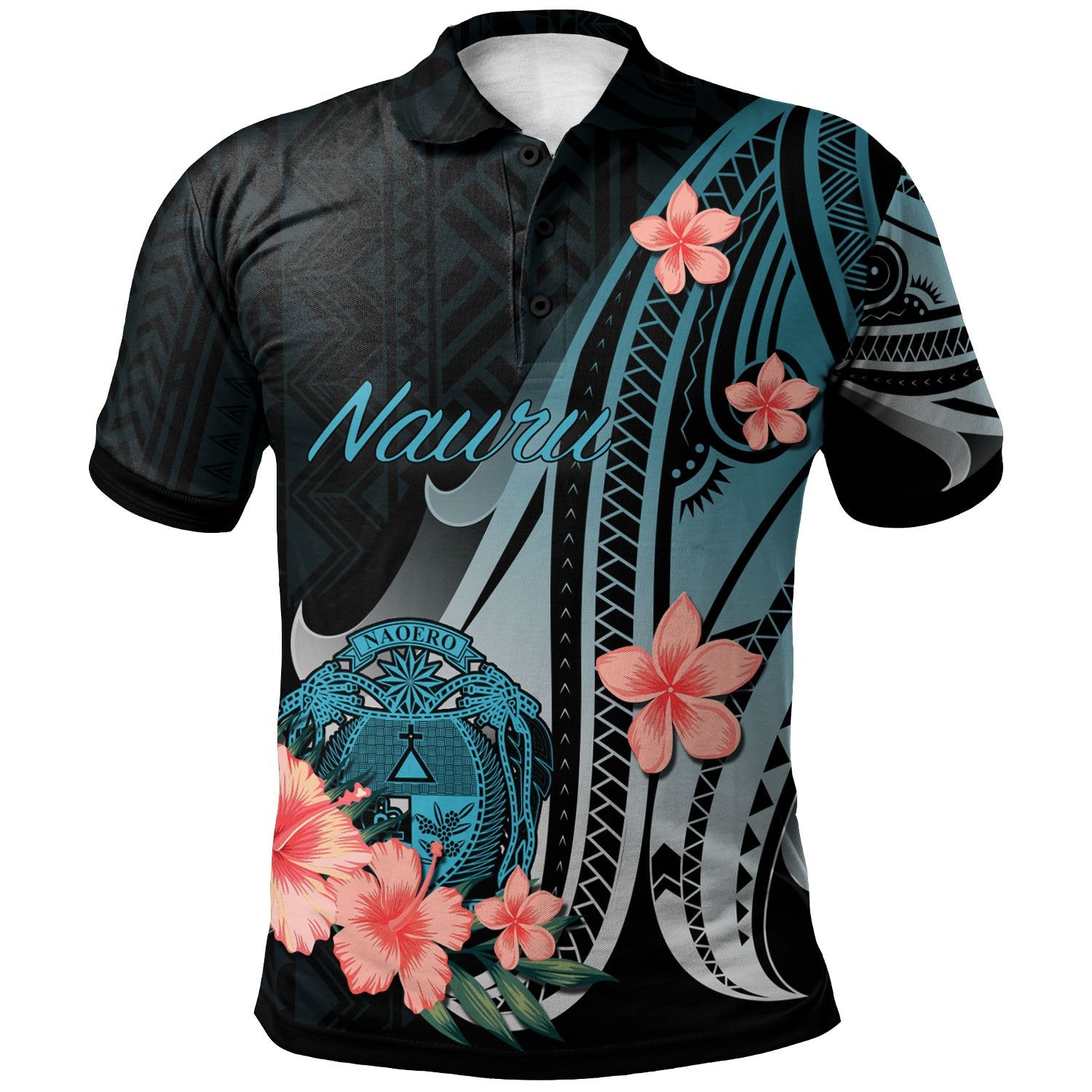 Nauru Polo Shirt Turquoise Polynesian Hibiscus Pattern Style Unisex Turquoise - Polynesian Pride