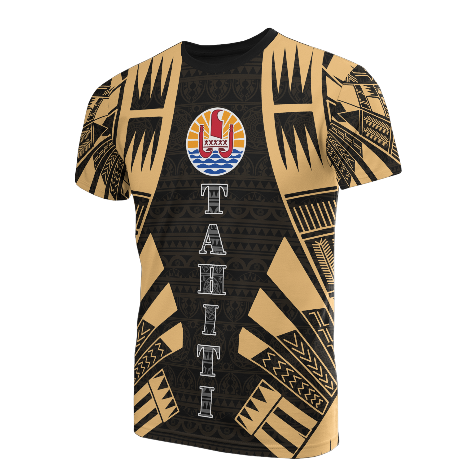 Tahiti T Shirt Tahiti FLag Polynesian Tattoo Gold Style Unisex Black-Gold - Polynesian Pride