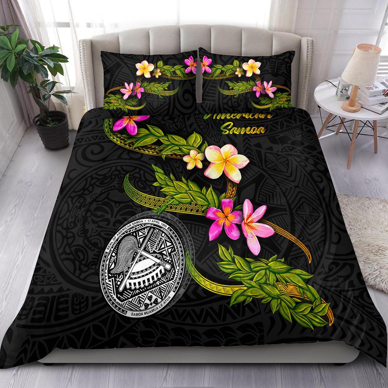 American Samoa Polynesian Bedding Set - Plumeria Tribal Black - Polynesian Pride