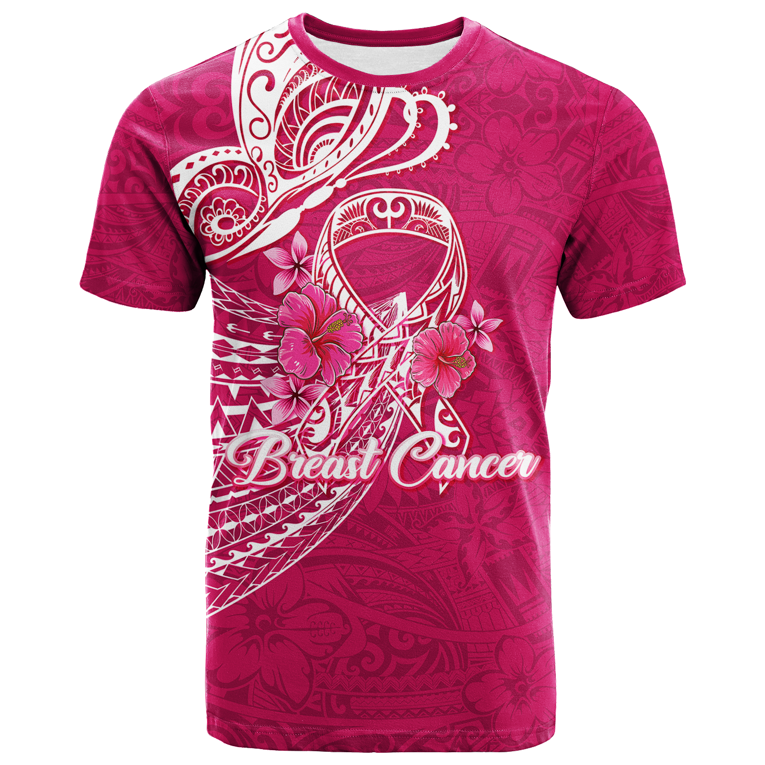 Custom Breast Cancer Pink Ribbon Butterfly Polynesian Pink Version T Shirt LT12 Unisex Pink - Polynesian Pride