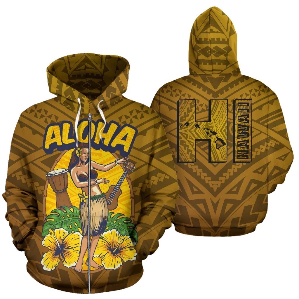 Aloha Hula Dance Zip up Hoodie Unisex Brown - Polynesian Pride