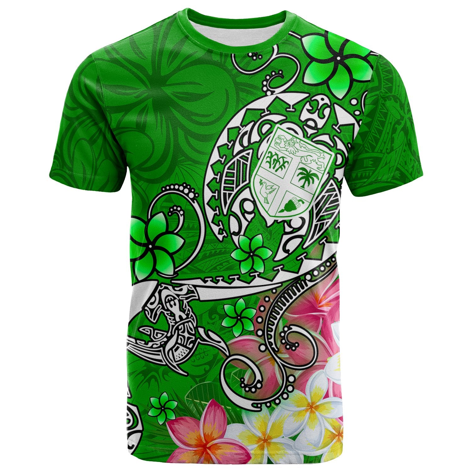 Fiji T Shirt Turtle Plumeria (Green) Unisex Green - Polynesian Pride