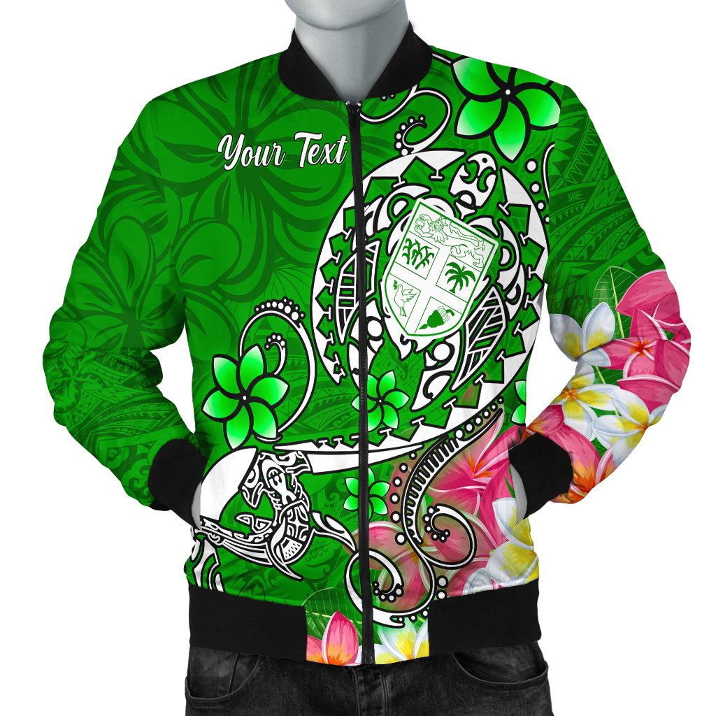 Fiji Custom Personalised Men's Bomber Jacket - Turtle Plumeria (Green) - Polynesian Pride