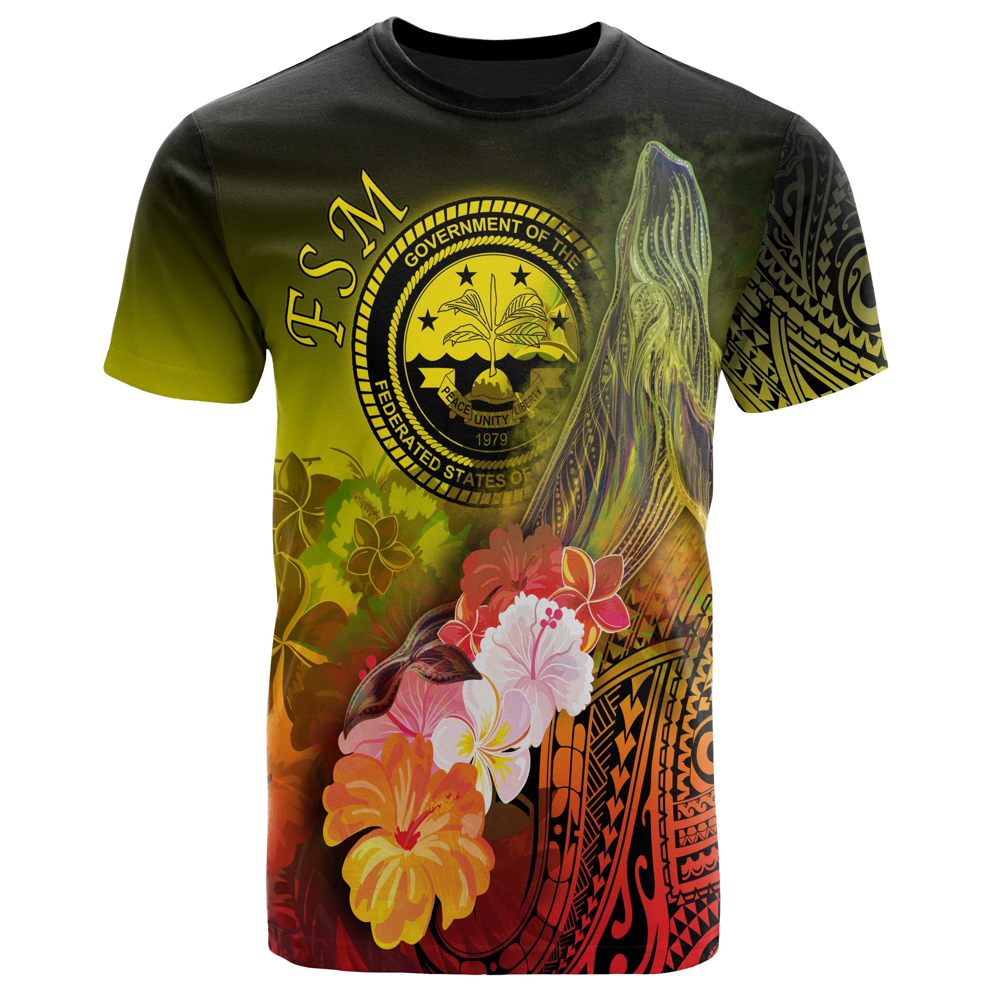 Fsm T Shirt Humpback Whale with Tropical Flowers (Yellow) Unisex Yellow - Polynesian Pride