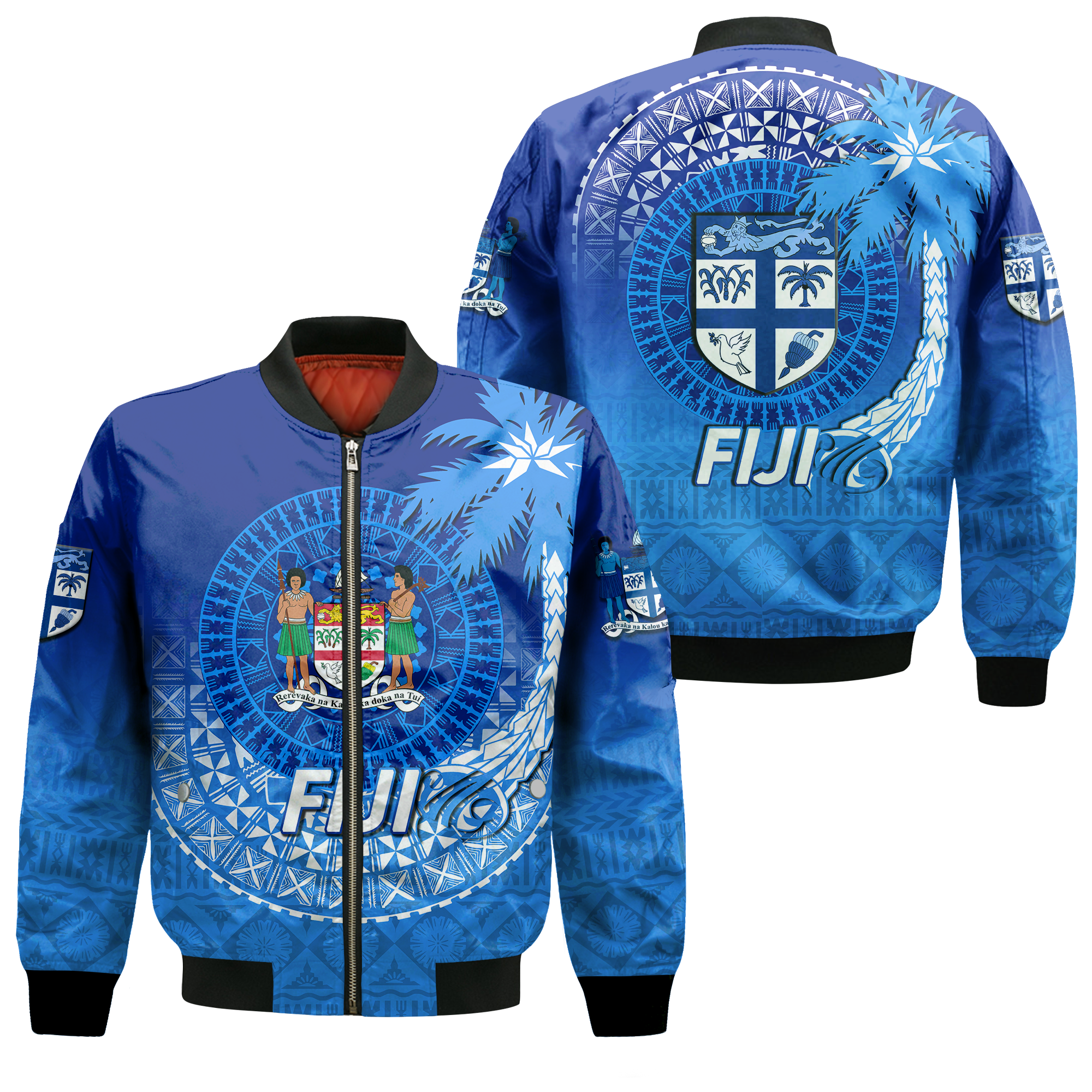 Fiji Tapa Tribal Coconut Tree Bomber Jacket - LT12 Bomber Jacket Blue - Polynesian Pride