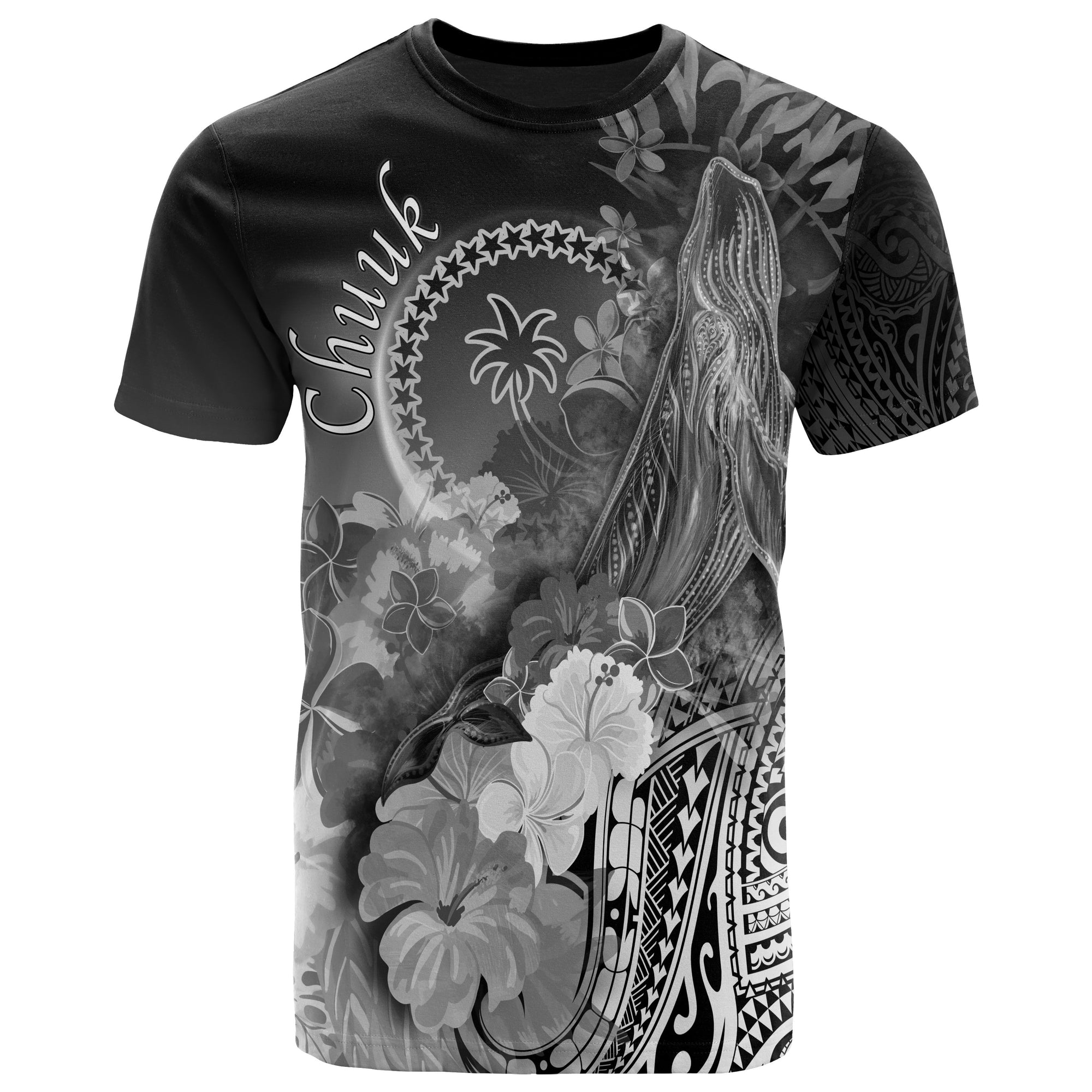 Chuuk T Shirt Humpback Whale with Tropical Flowers (White) Unisex Art - Polynesian Pride