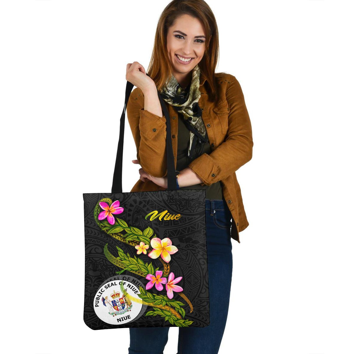 Niue Polynesian Tote Bag - Plumeria Tribal Tote Bag One Size Black - Polynesian Pride