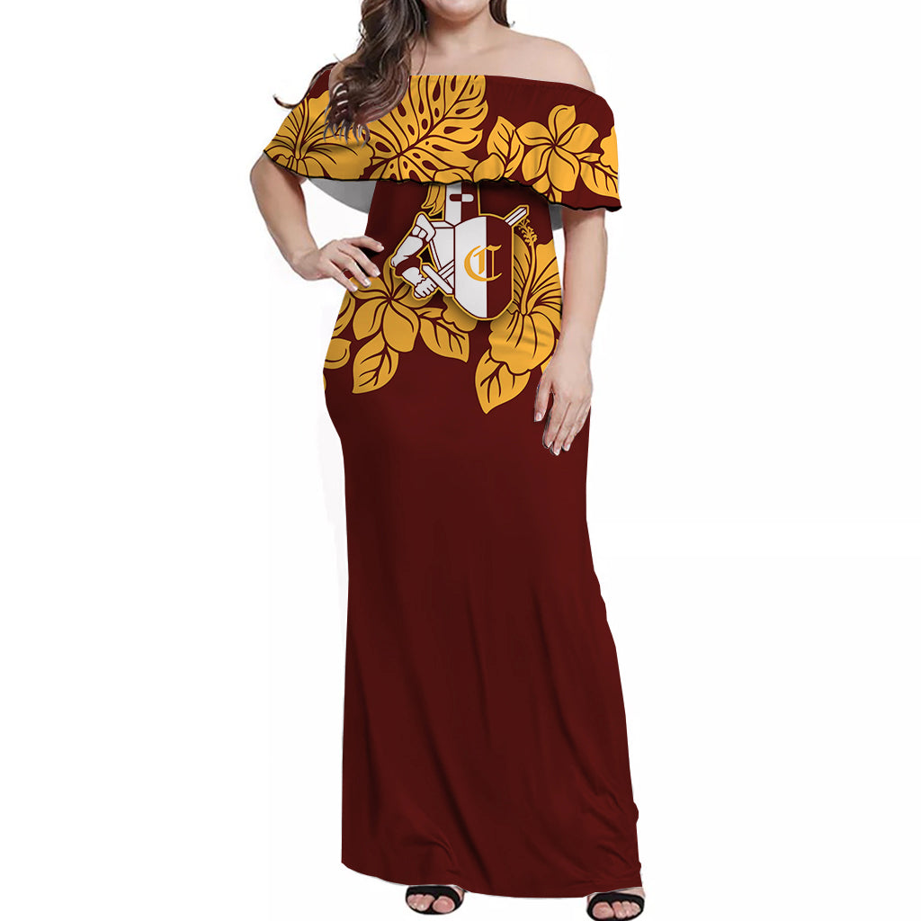 Castle High School Hibiscus Flower Off Shoulder Dress Ver03 - LT12 Long Dress Orange - Polynesian Pride