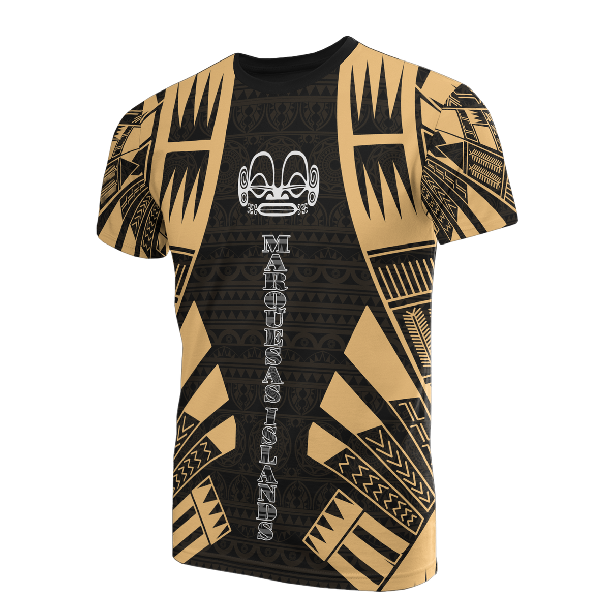 Marquesas Islands T Shirt Marquesas Islands Tiki Face Tattoo Gold Style Unisex Black-Gold - Polynesian Pride