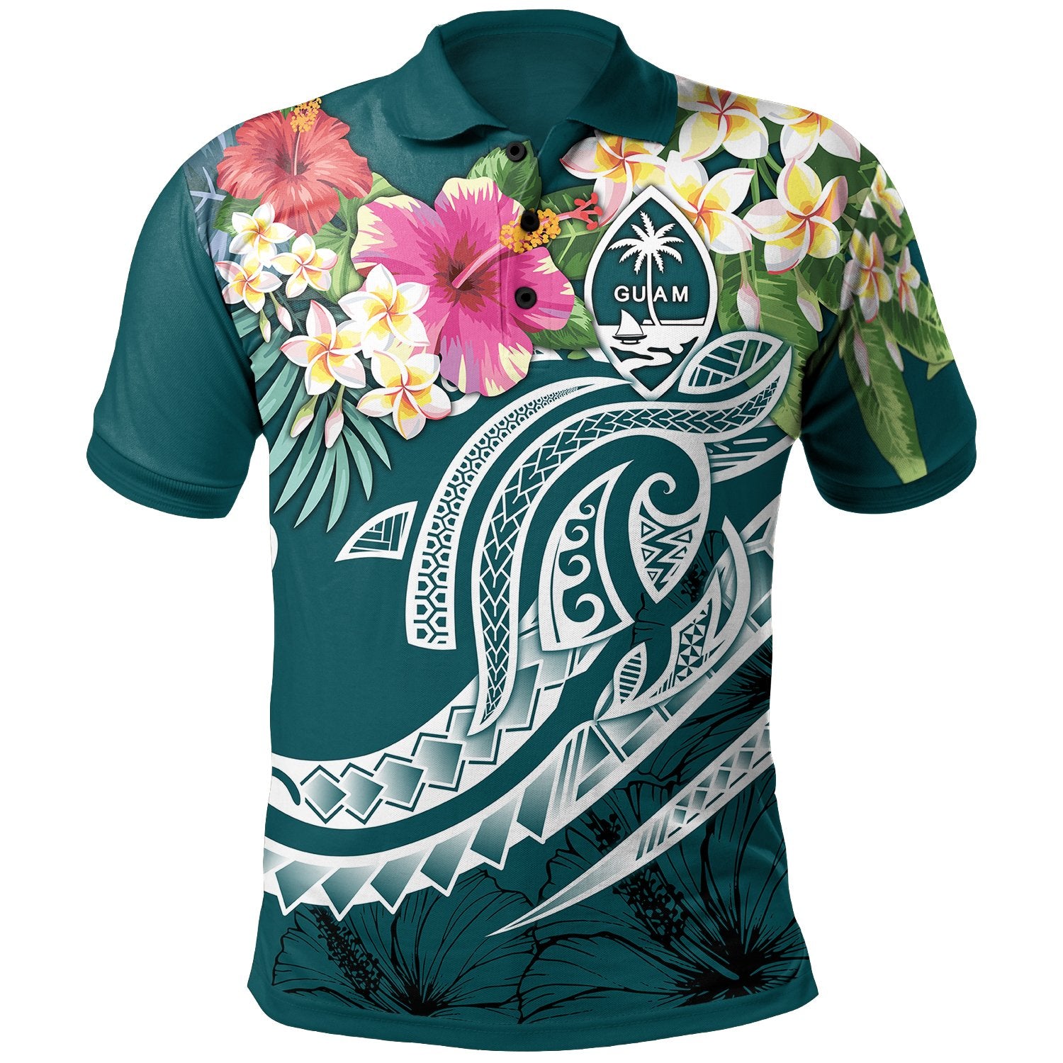 Guam Polynesian Polo Summer Plumeria (Turquoise) Unisex Turquoise - Polynesian Pride