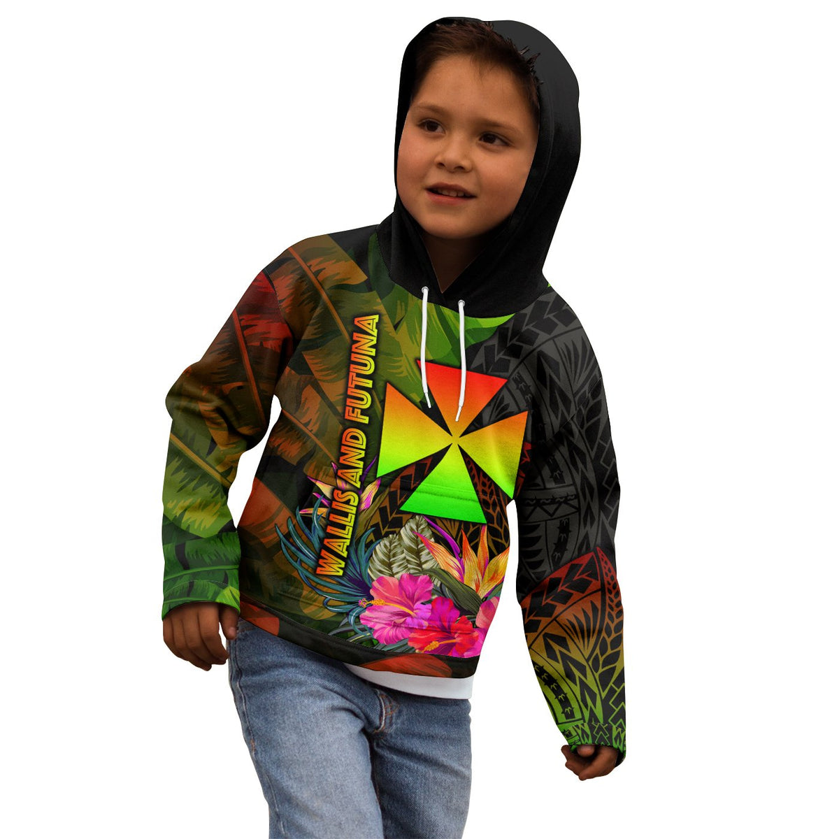 Wallis and Futuna Polynesian Hoodie Hibiscus and Banana Leaves - Polynesian Pride