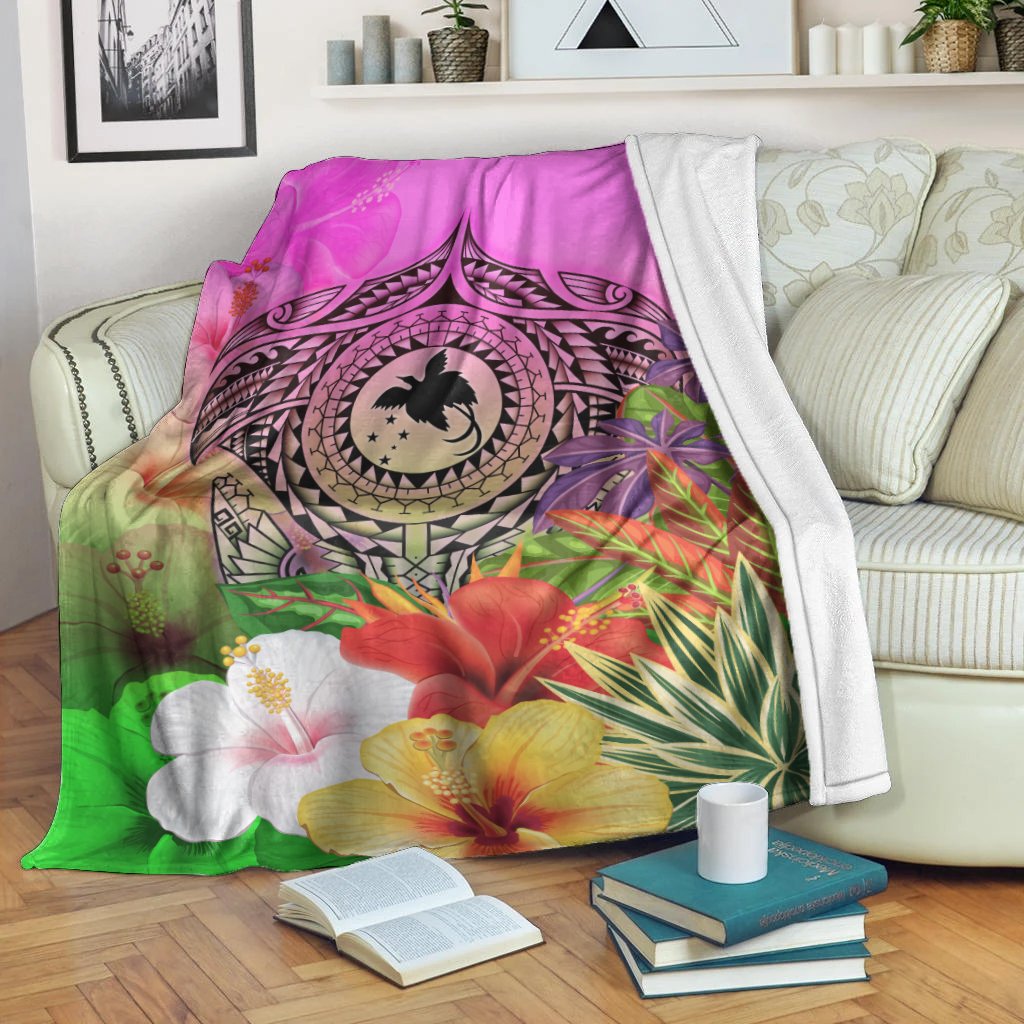 Papua New Guinea Polynesian Premium Blanket - Manta Ray Tropical Flowers - Polynesian Pride