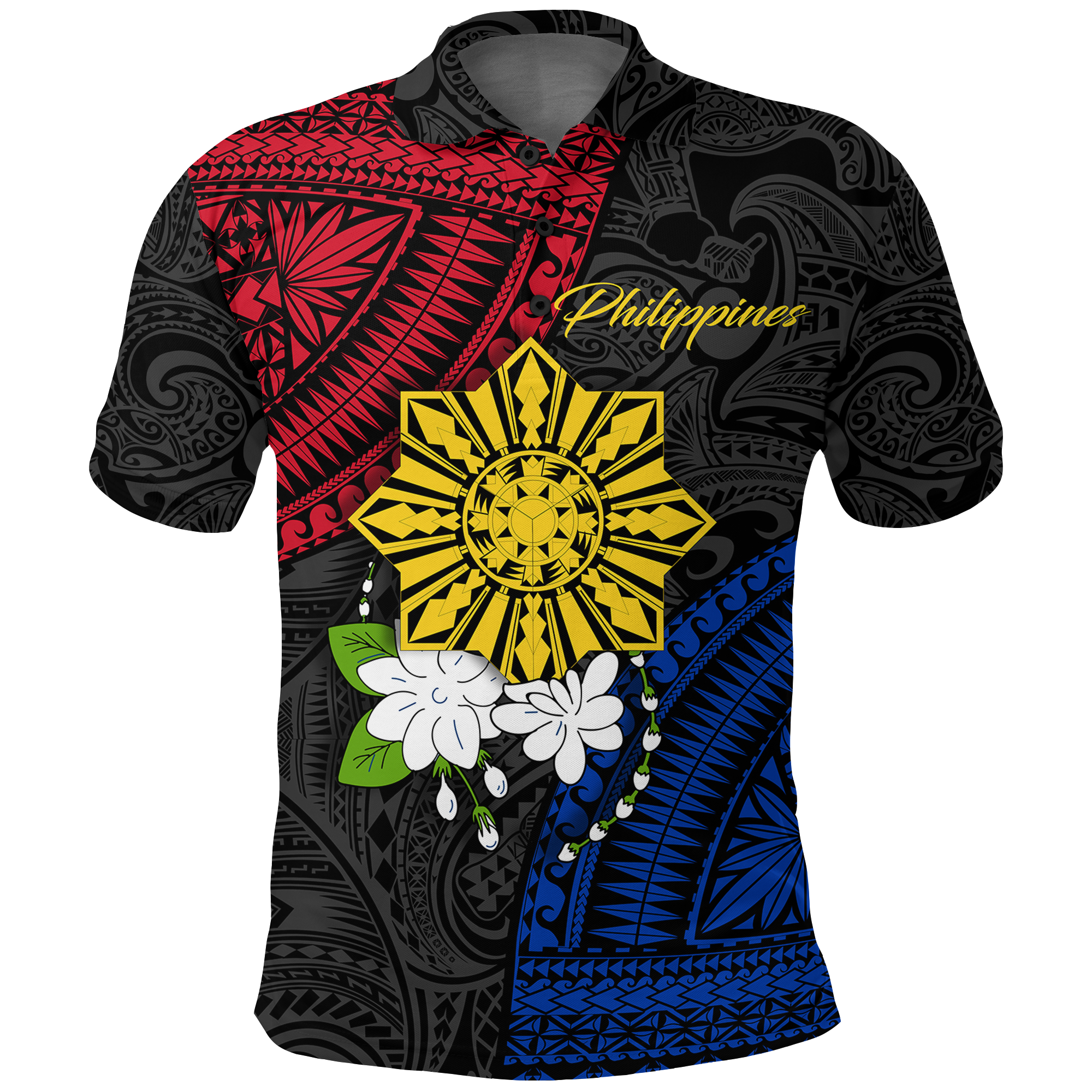 Philippines Sampaguita Filipino Sun Polo Shirt LT12 Unisex Black - Polynesian Pride