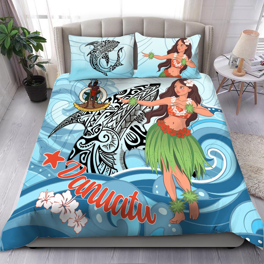 Vanuatu Bedding Set - Polynesian Girls With Shark Blue - Polynesian Pride