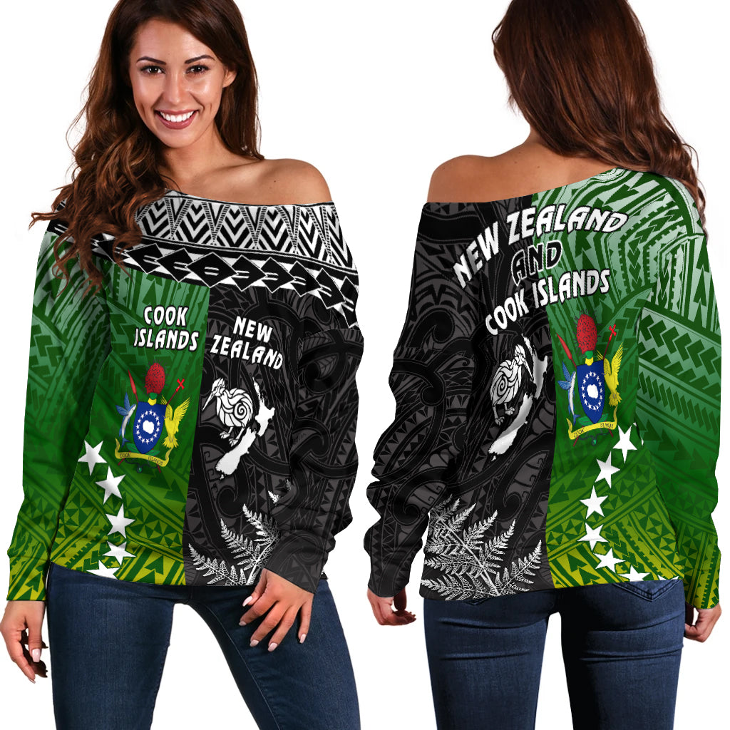 Cook Islands Pattern and New Zealand Kiwi Off Shoulder Sweater LT13 Black - Polynesian Pride