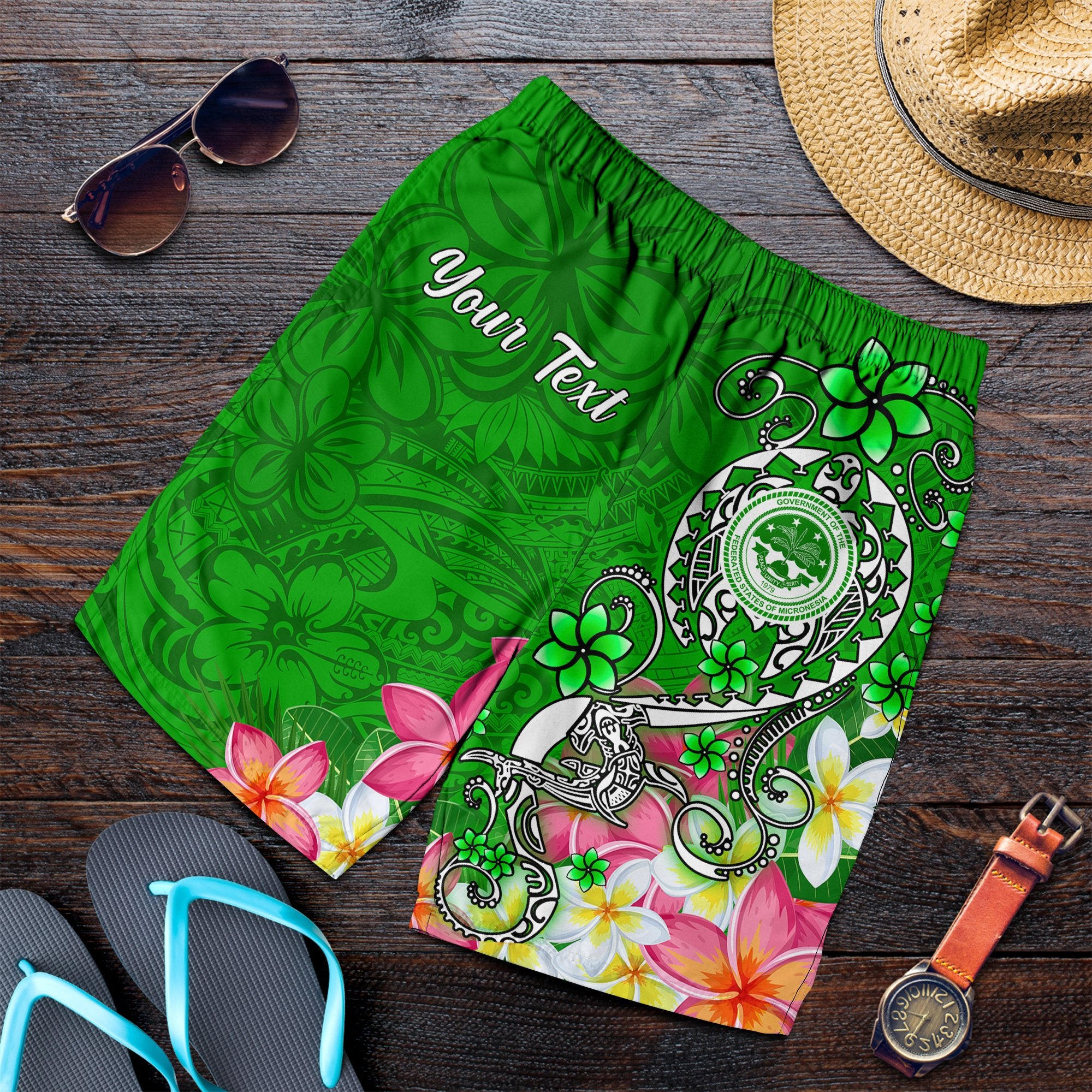 FSM Custom Personalised Men's Shorts - Turtle Plumeria (Green) Blue - Polynesian Pride