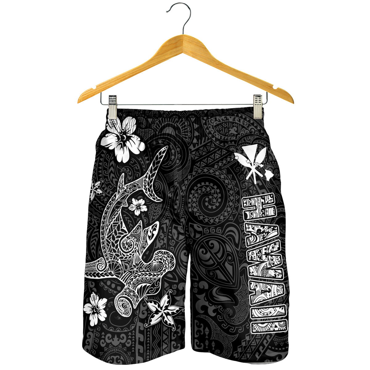 Hawaii Hammerhead Shark Hibiscus Hawaii Pattern Men Short - LT2 BLACK - Polynesian Pride