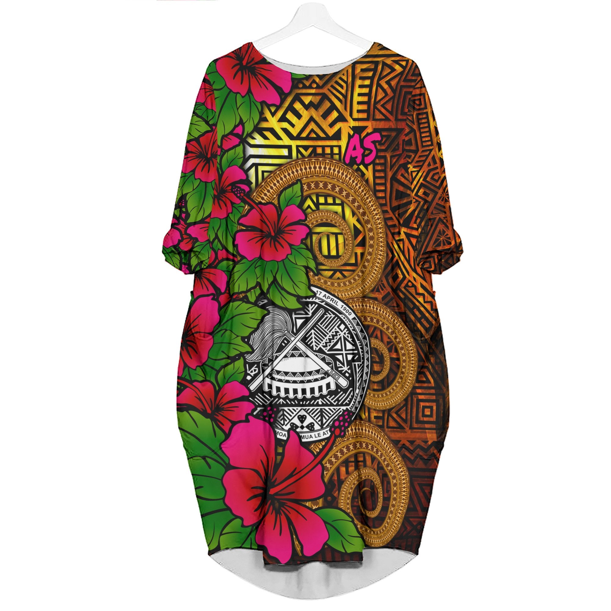 American Samoa Polynesian Batwing Pocket Dress - Hibiscus Vintage Women Gold - Polynesian Pride