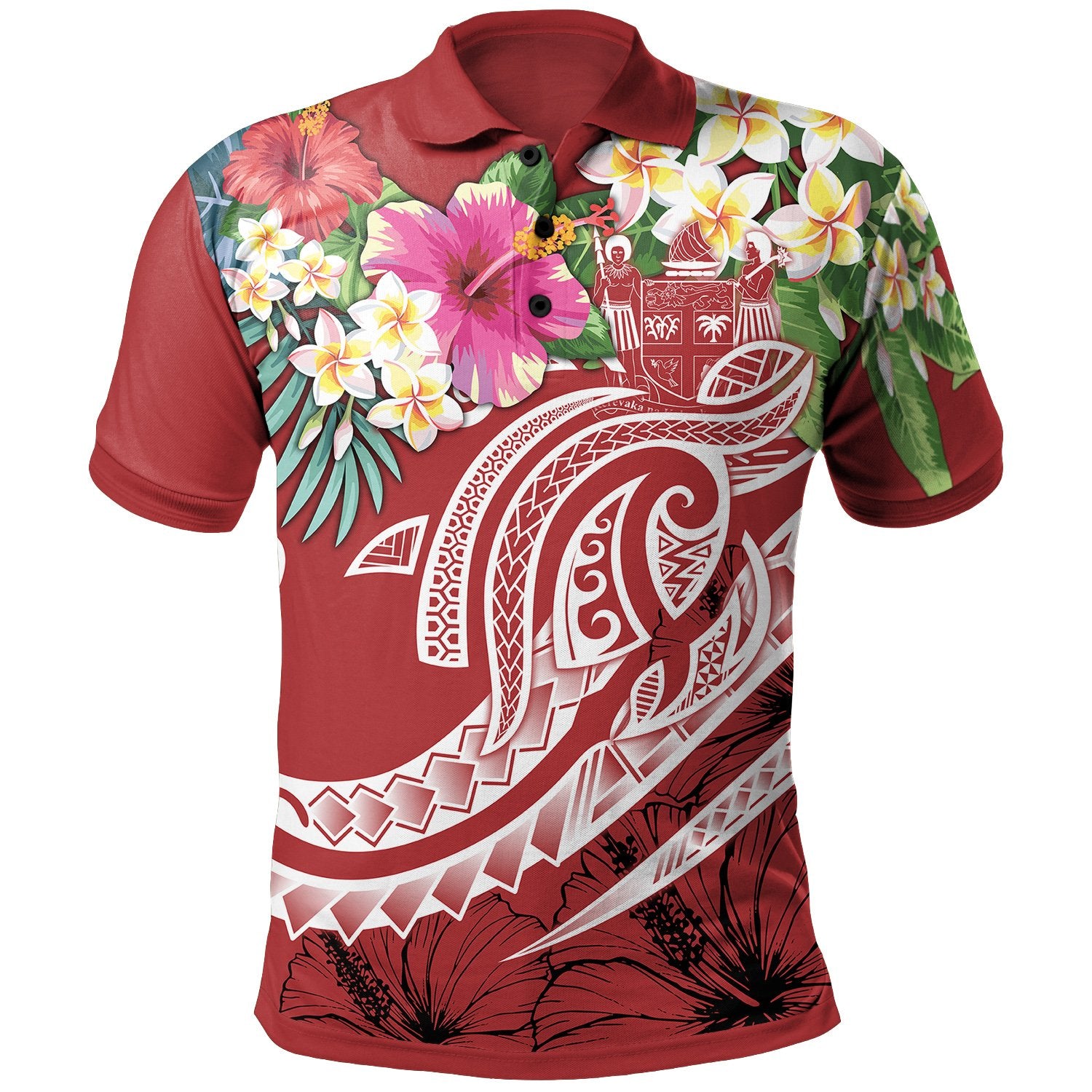 Fiji Polynesian Polo Summer Plumeria (Red) Unisex Red - Polynesian Pride