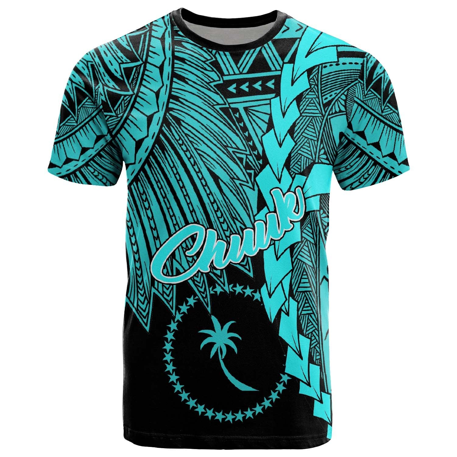 Chuuk Micronesia T Shirt Tribal Wave Tattoo Neon Blue Unisex Neon Blue - Polynesian Pride