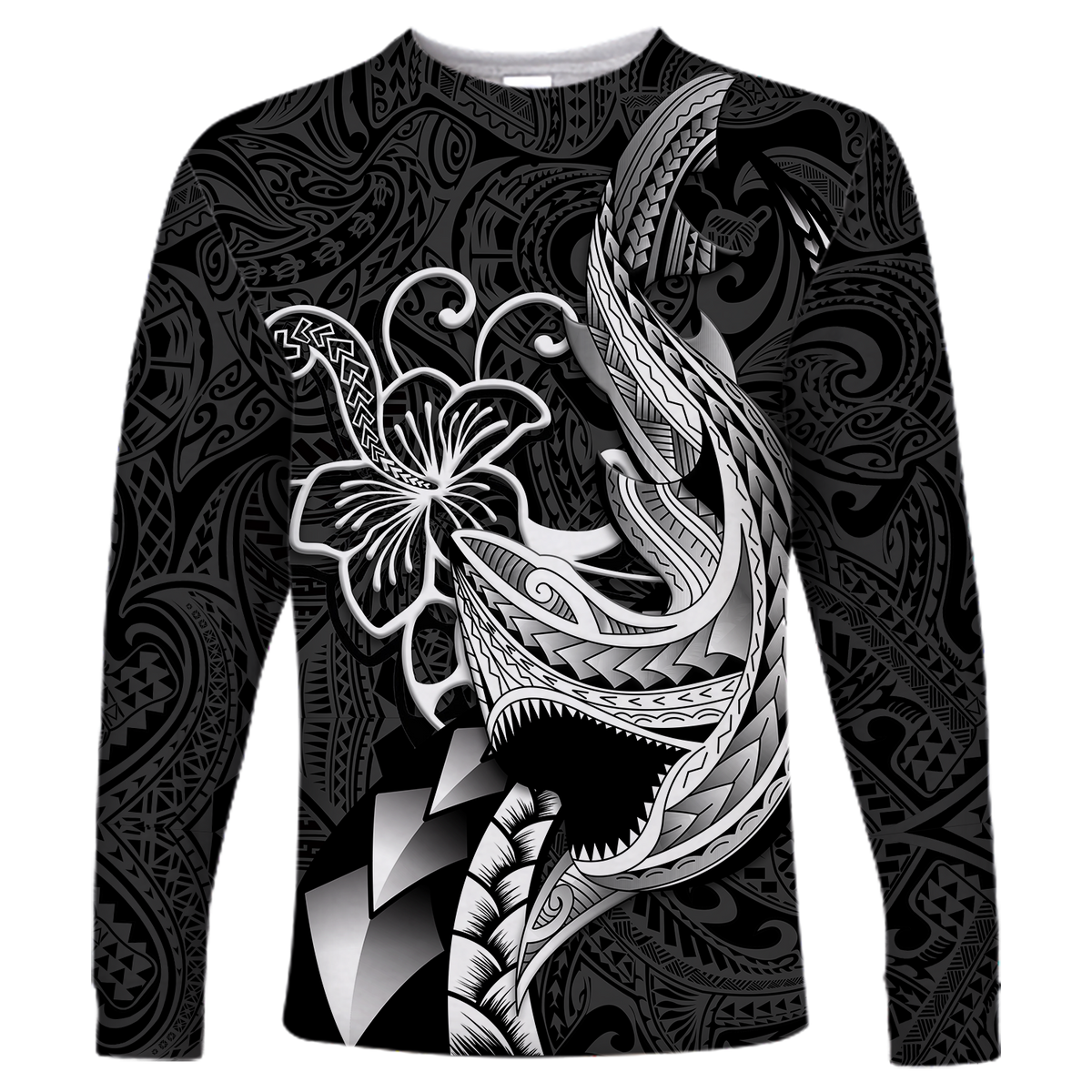 Polynesian Shark Tattoo Hawaii Tribal Long Sleeve Shirt - LT12 Unisex Black - Polynesian Pride