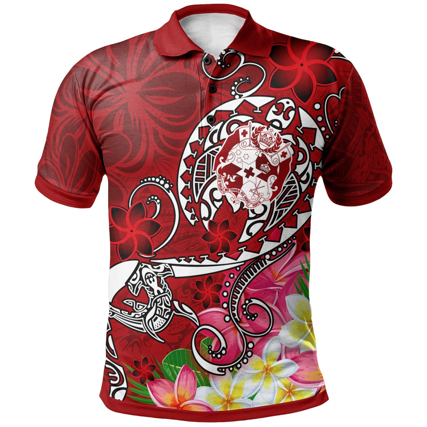 Tonga Polo Shirt Turtle Plumeria (RED) Unisex Red - Polynesian Pride