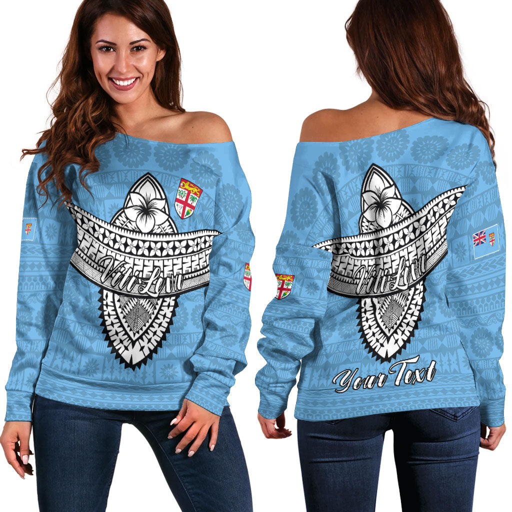 (Custom Personalised) Fiji Viti Levu Tapa Tribal Women Off Shoulder Sweater - LT12 Blue - Polynesian Pride