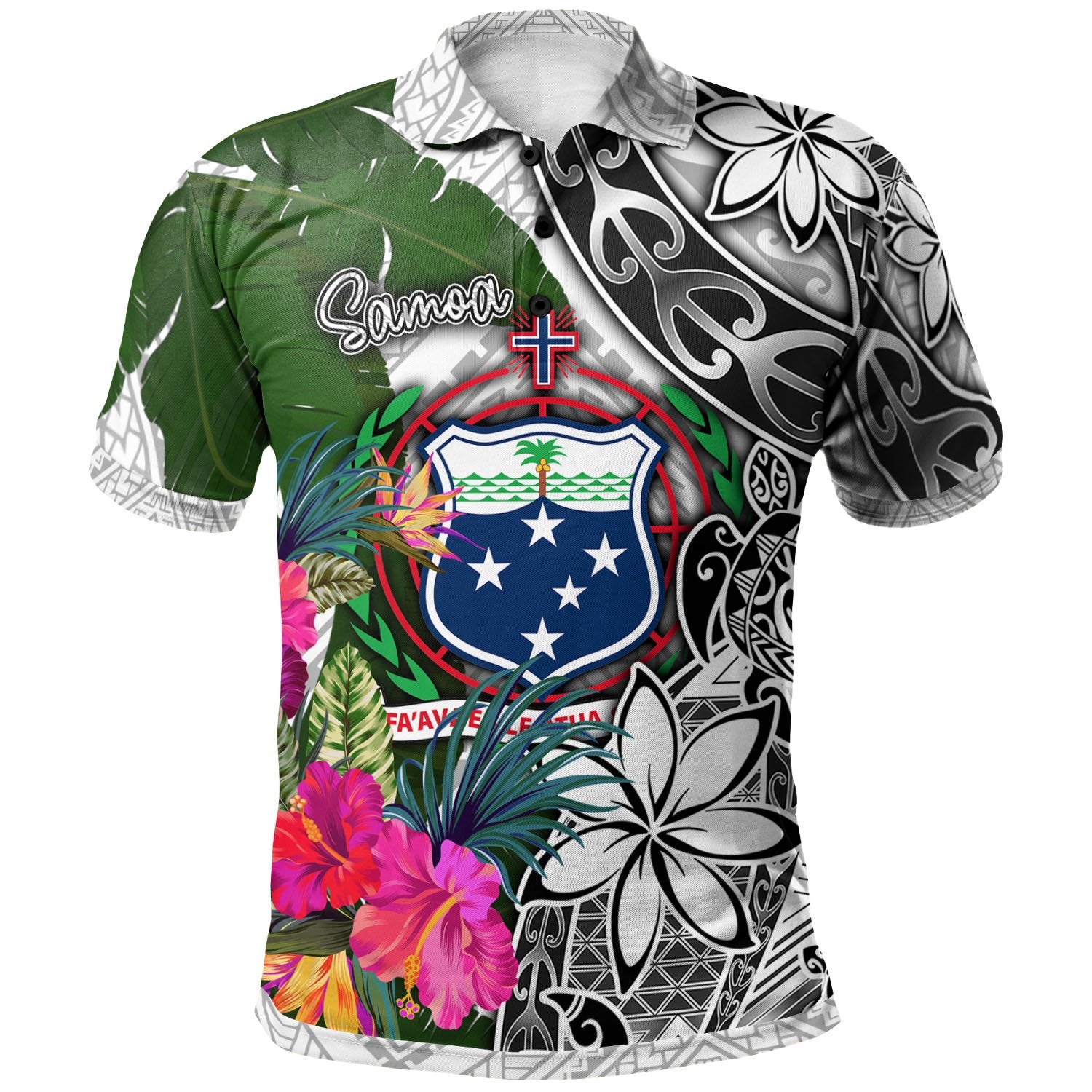 Samoa Polo Shirt White Turtle Plumeria Banana Leaf Unisex White - Polynesian Pride