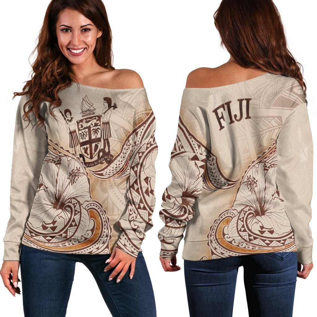 Fiji Women's Off Shoulder Sweater - Hibiscus Flowers Vintage Style Nude - Polynesian Pride