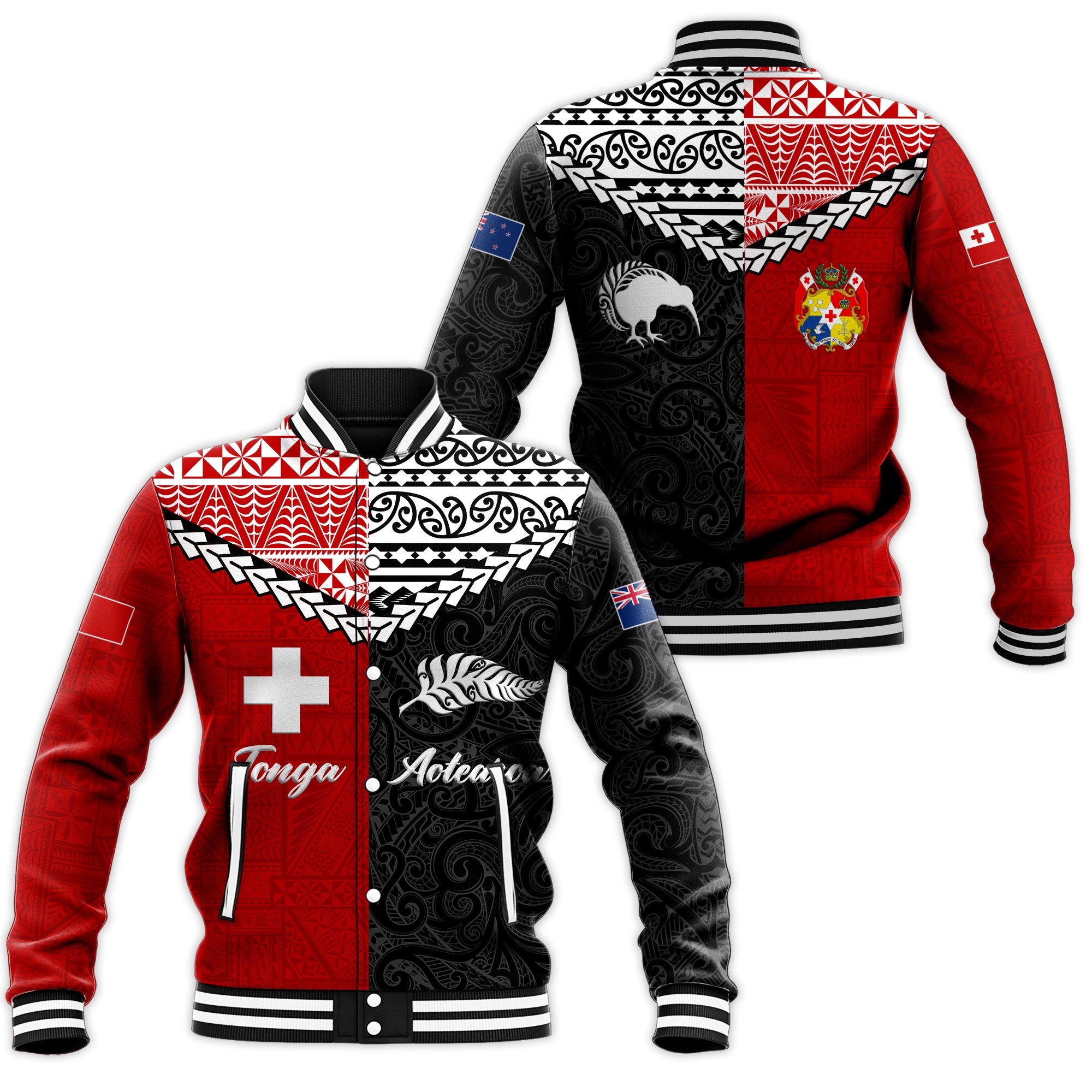 Tonga Combine New Zealand Maori Aotearoa Heritage Baseball Jacket - LT12 Unisex Red - Polynesian Pride