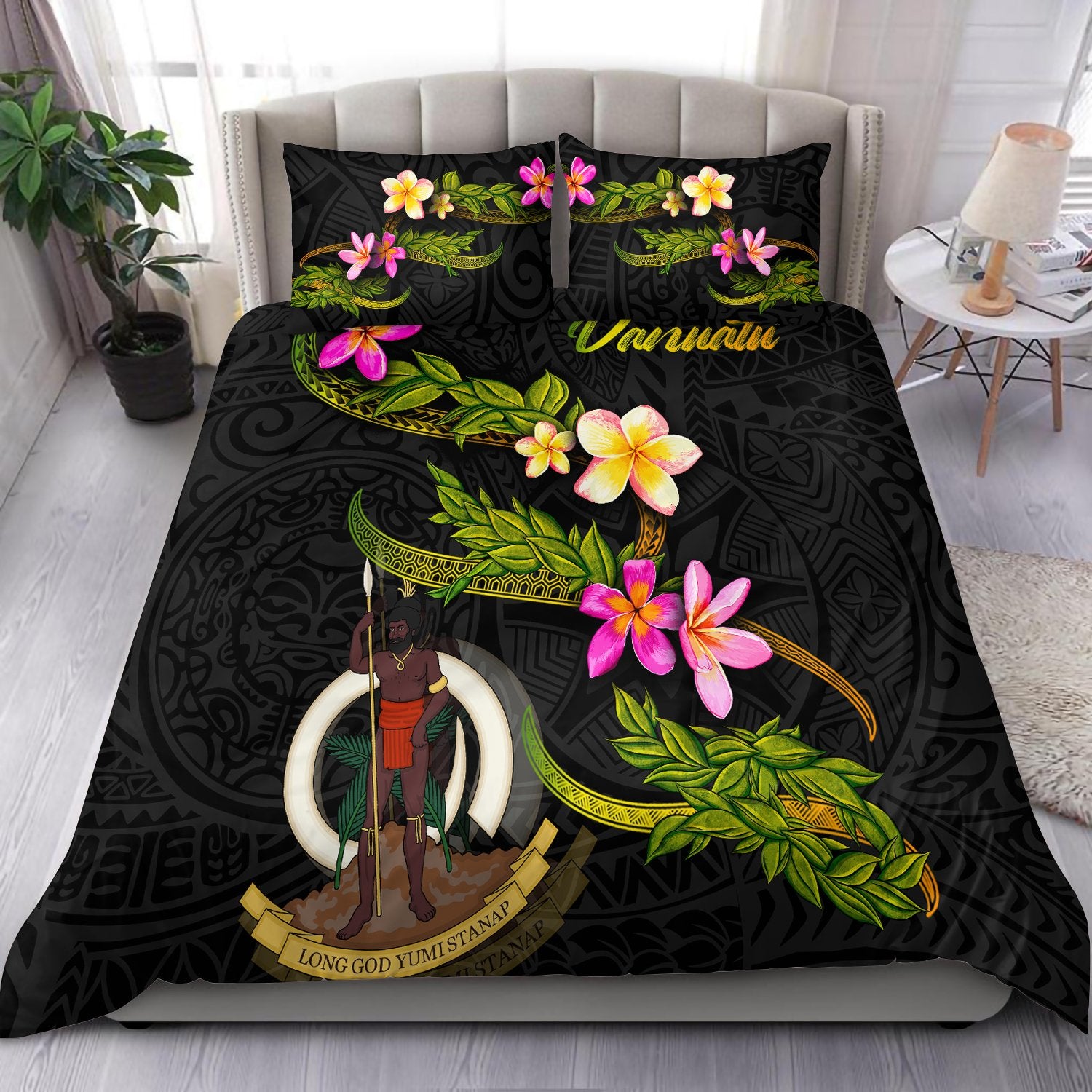 Vanuatu Polynesian Bedding Set - Plumeria Tribal Black - Polynesian Pride