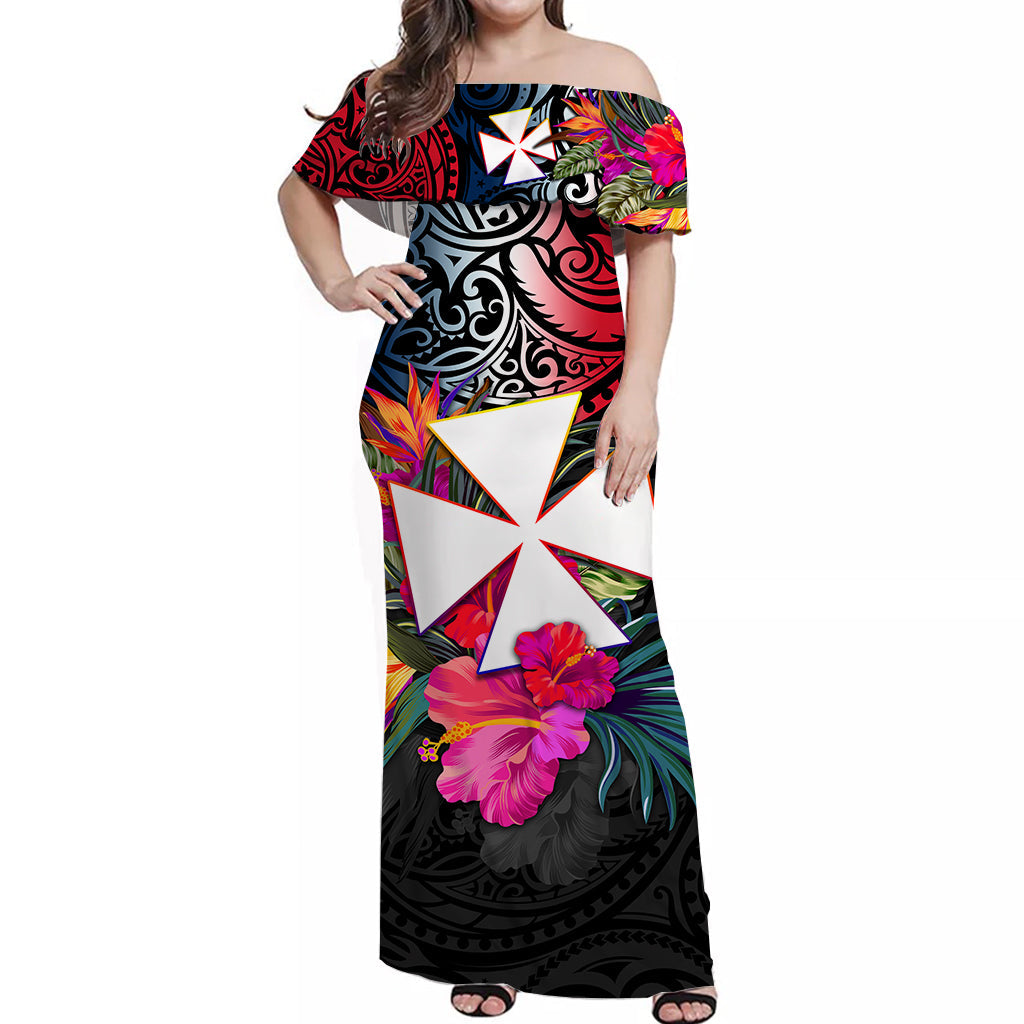 Wallis v Futuna Off Shoulder Long Dress Alluring Polynesia and Tropical Flowers Ver.01 LT13 Women Black - Polynesian Pride