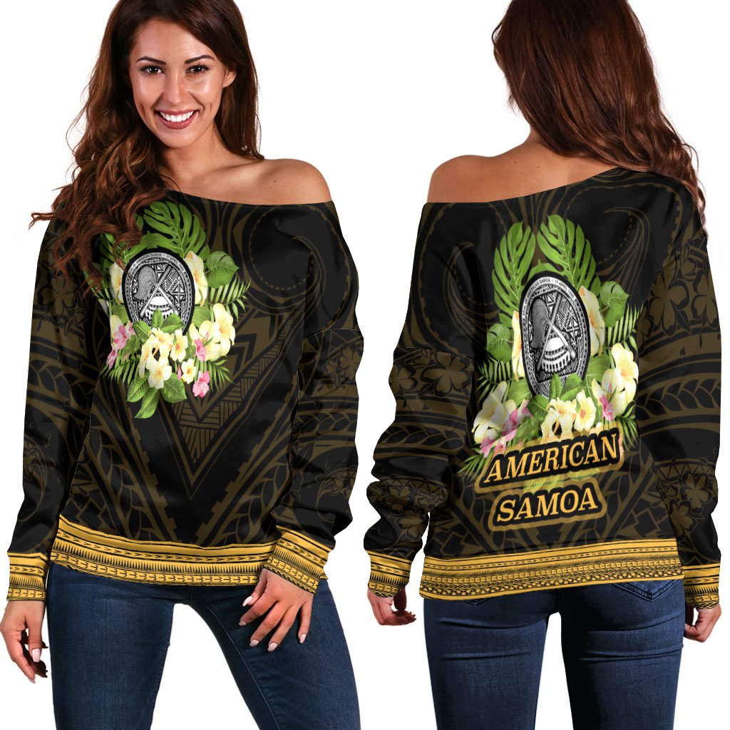 American Samoa Women's Off Shoulder Sweater - Polynesian Gold Patterns Collection Black - Polynesian Pride