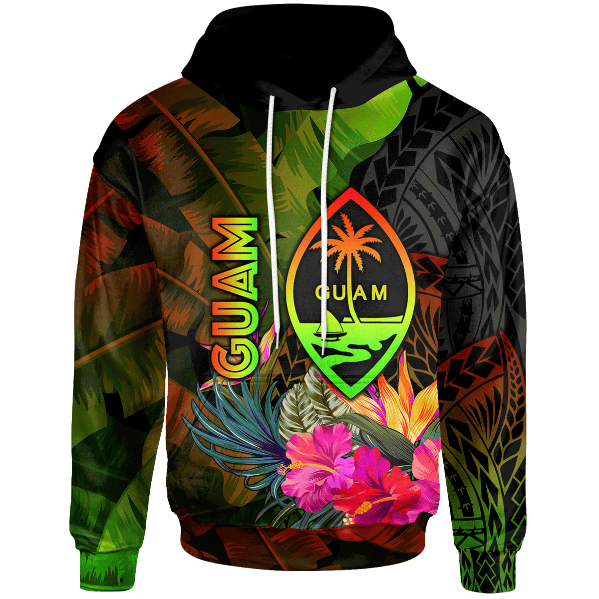 Guam Polynesian Hoodie Hibiscus and Banana Leaves Unisex Reggae - Polynesian Pride