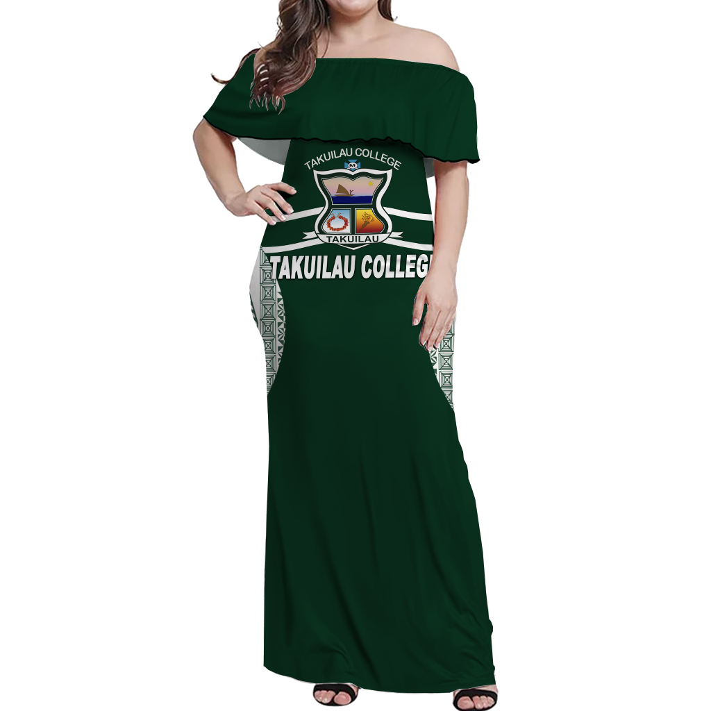 Takuilau College Tongan Patterns Off Shoulder Long Dress - LT12 Long Dress Green - Polynesian Pride