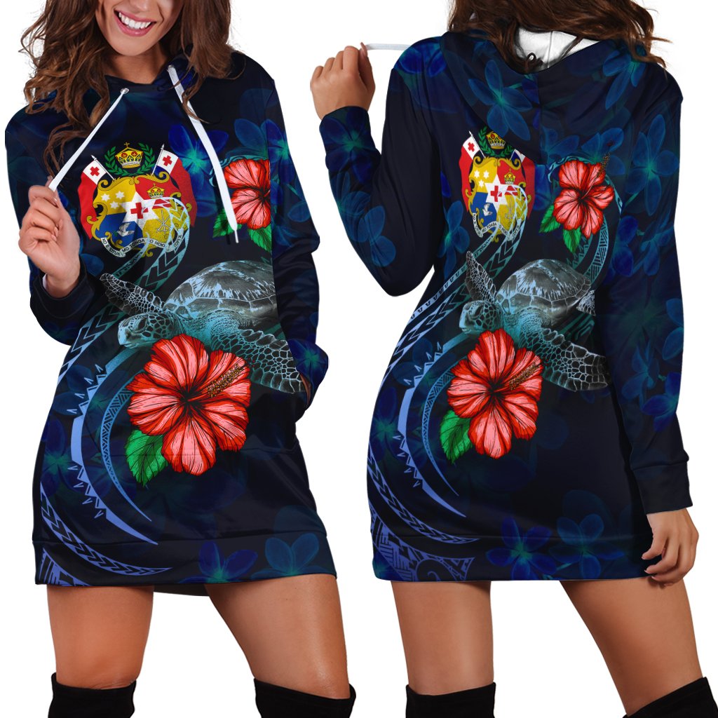 Tonga Polynesian Hoodie Dress - Blue Turtle Hibiscus Blue - Polynesian Pride