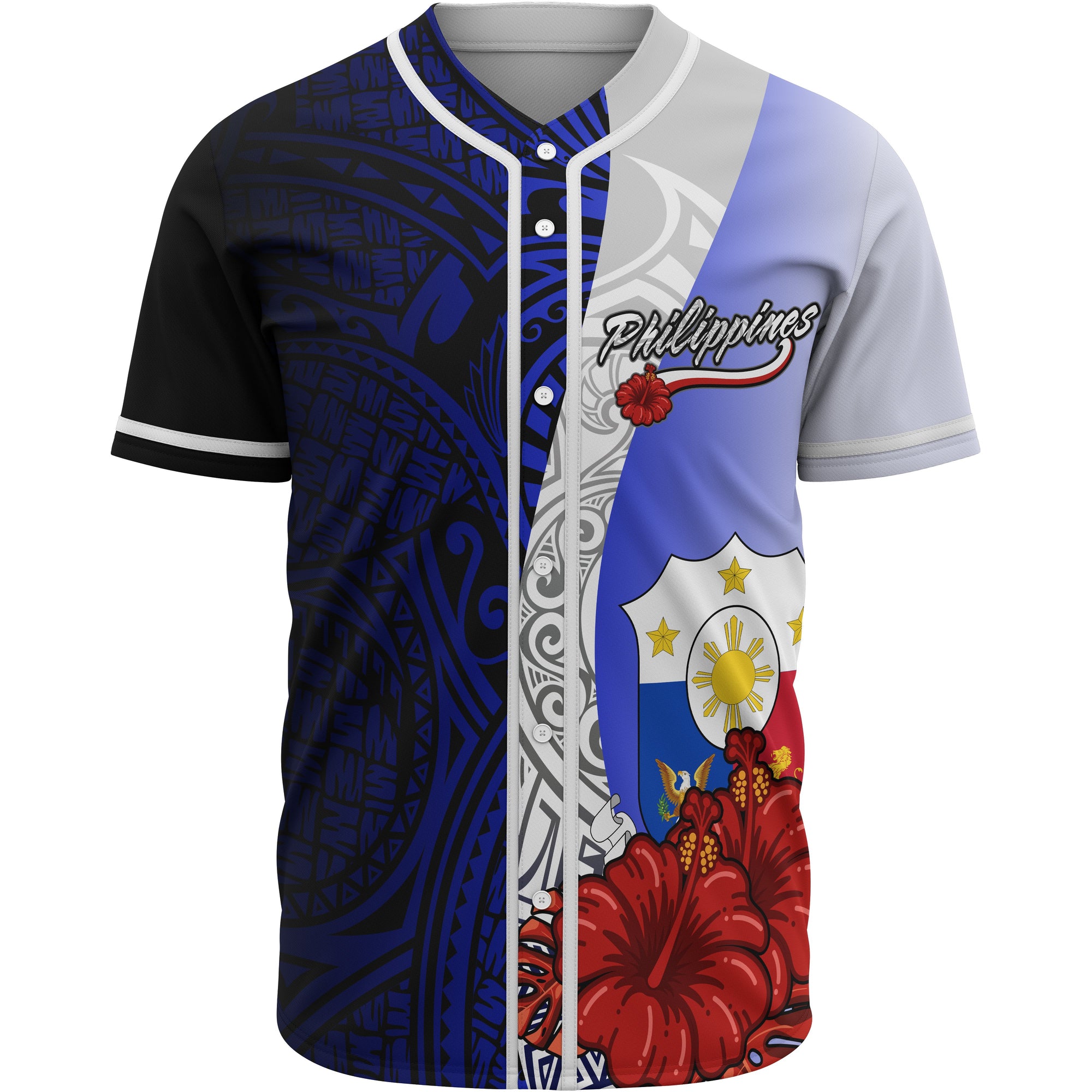 Philippines Polynesian Baseball Shirt - Coat Of Arm With Hibiscus Blue Unisex Blue - Polynesian Pride