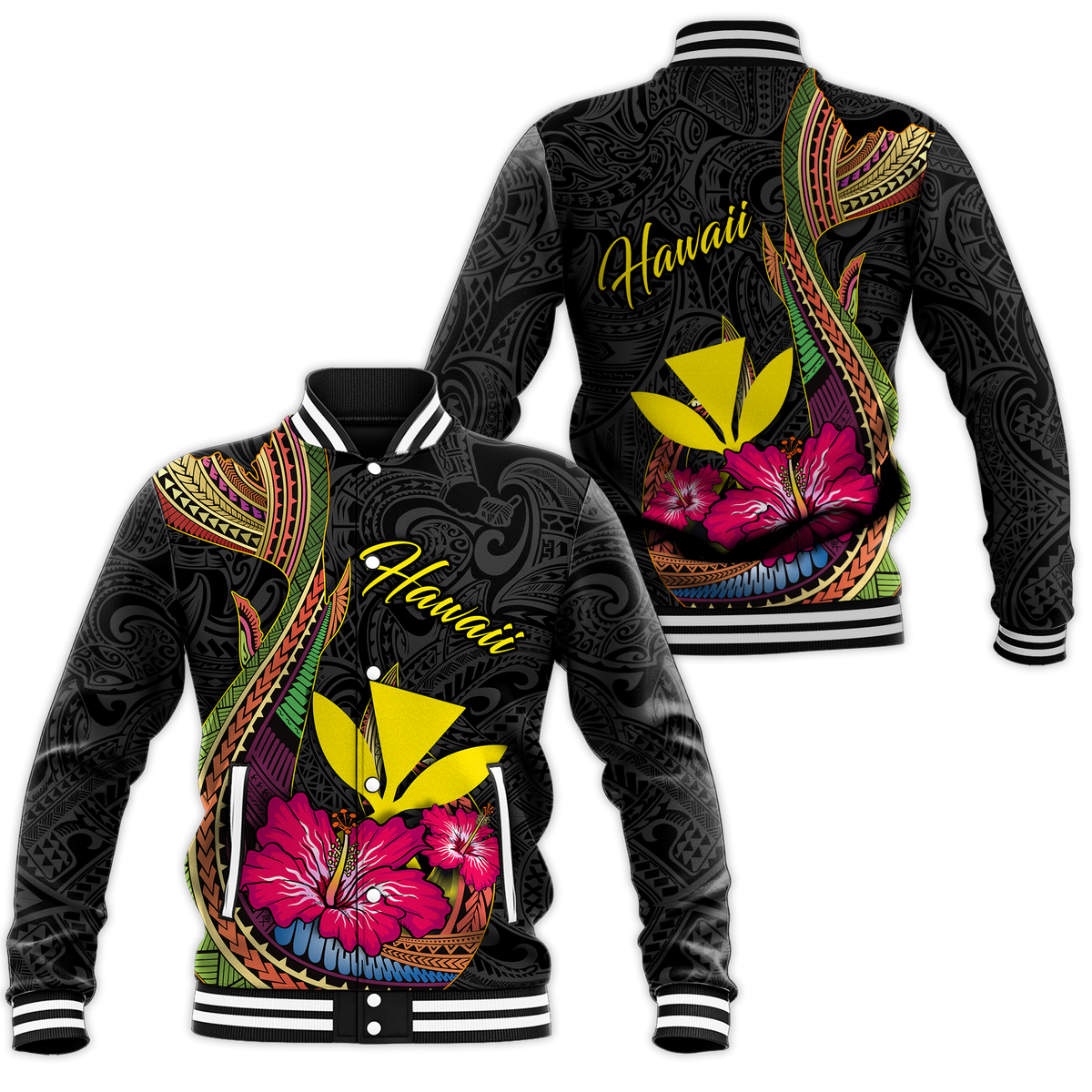 Hawaii Polynesian Fish Hook Hibiscus Baseball Jacket - LT12 Unisex Black - Polynesian Pride