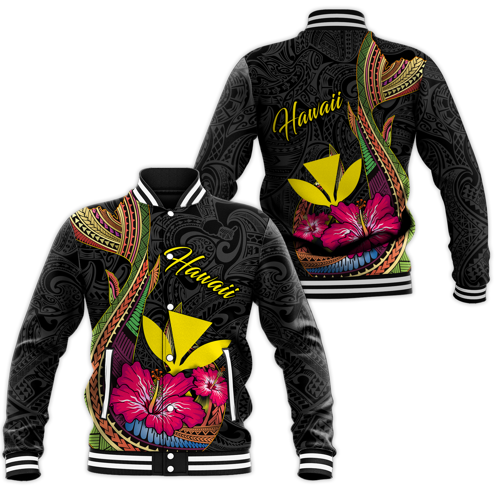 Hawaii Polynesian Fish Hook Hibiscus Baseball Jacket - LT12 Unisex Black - Polynesian Pride